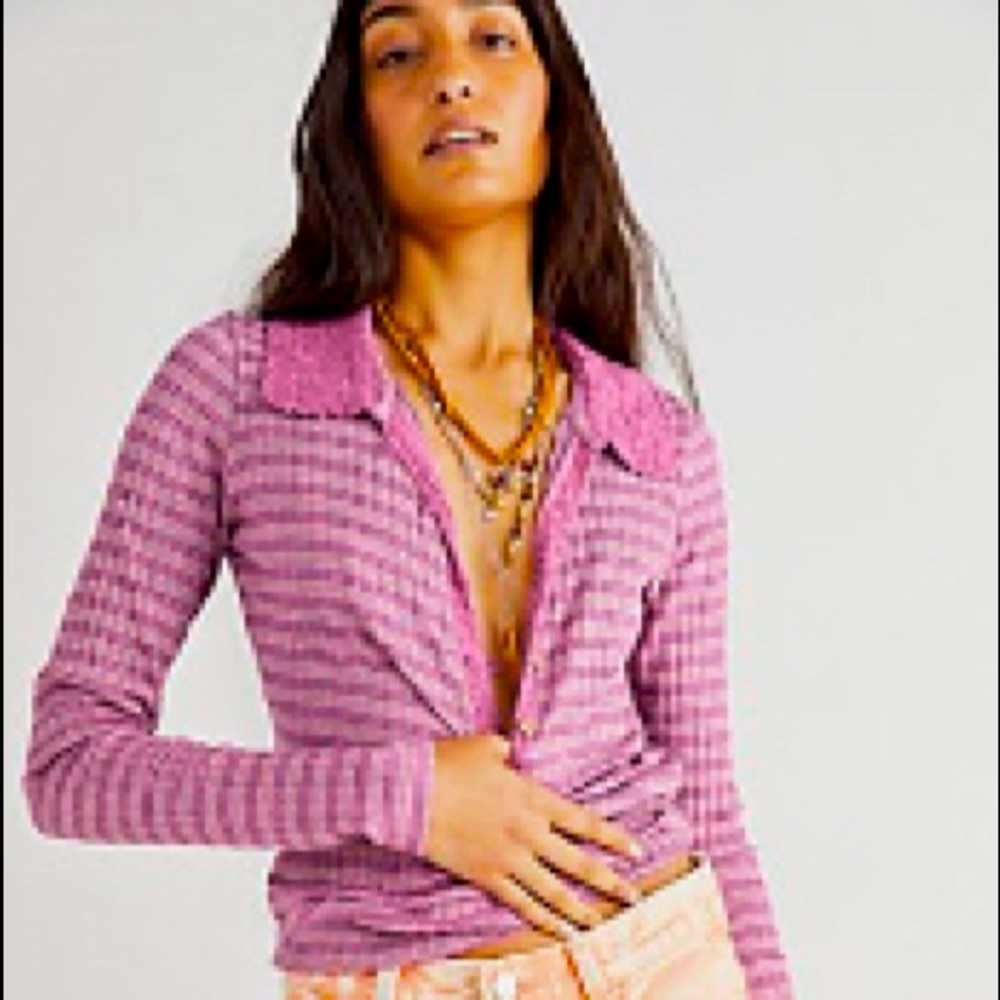 Free People, striped pink thermal Henley, crocheted collar and sleeves, size L